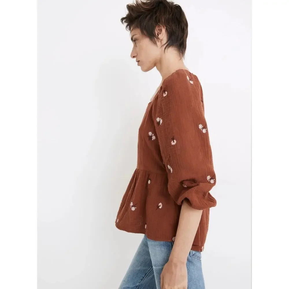Madewell Amie Floral Embroidered Puff-Sleeve Peplum Top Size XS